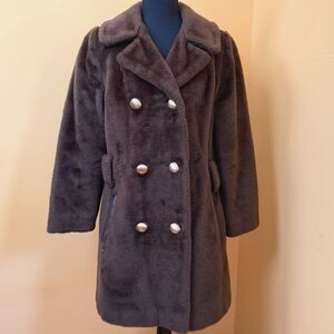 VTG 70s Sears Roebuck Faux Fur Teddy Coat Jacket Brown Double Breasted Womens 8